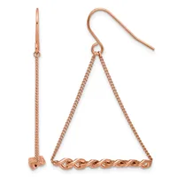 Pair of rose gold drop earrings with fish hook wires, one featuring a plain chain and the other with a twisted decorative bar.