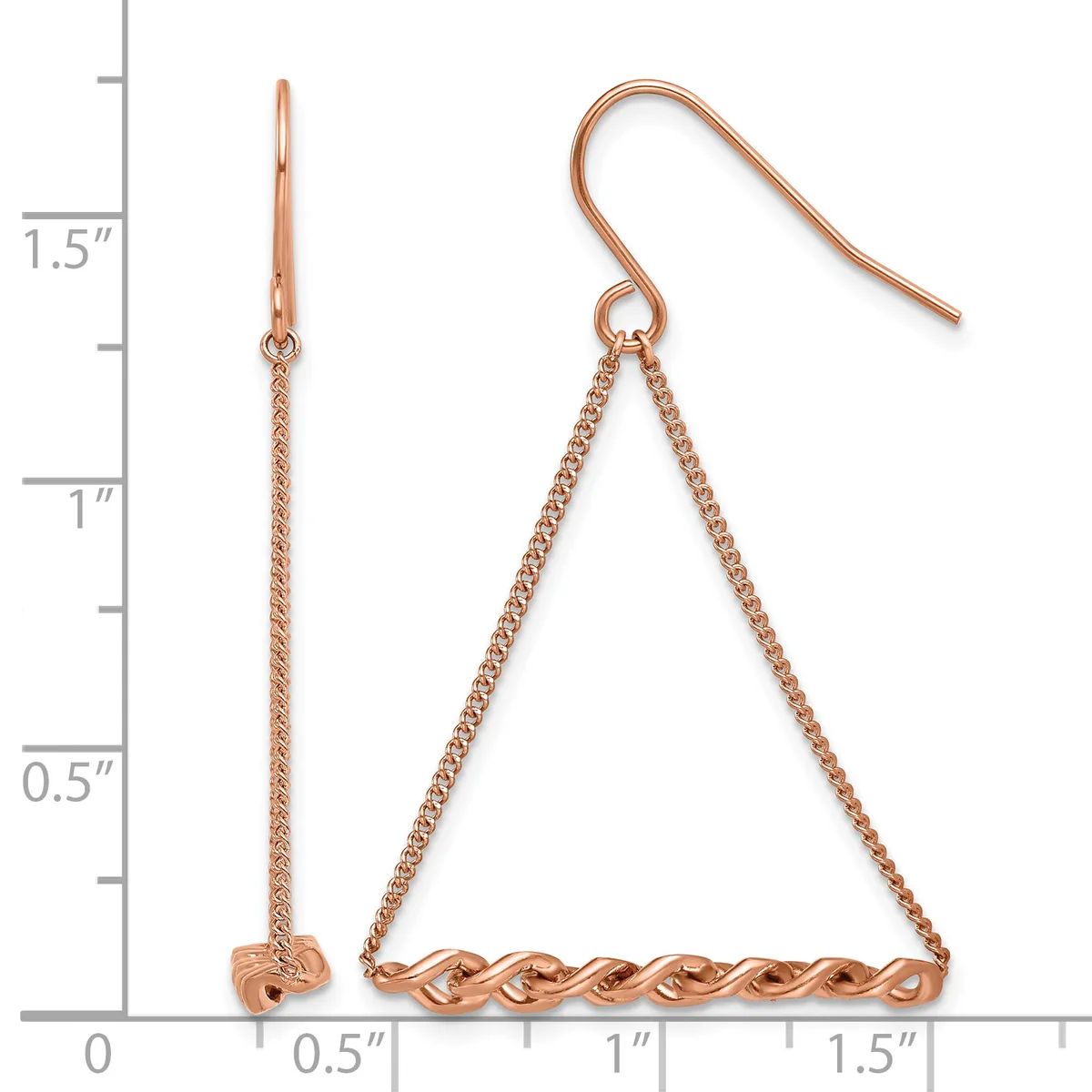 A pair of rose gold earrings with chain details and a twisted bar connector, displayed against a ruler showing approximately 1.5 inches in length.