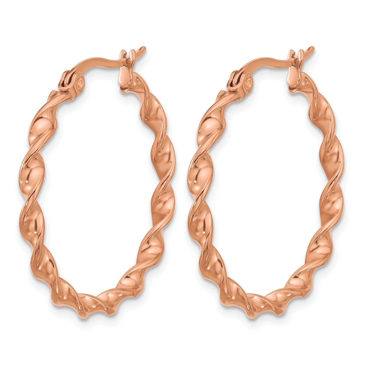 Pair of rose gold twisted oval hoop earrings with textured surface and lever-back closures, shown against a white background.