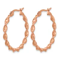 Pair of rose gold twisted oval hoop earrings with textured surface and lever-back closures, shown against a white background.