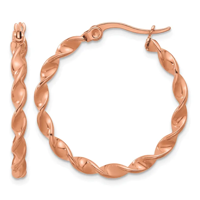 Pair of rose gold twisted hoop earrings with post and clutch closures, shown from front and side views.