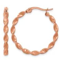 Pair of rose gold twisted hoop earrings with post and clutch closures, shown from front and side views.