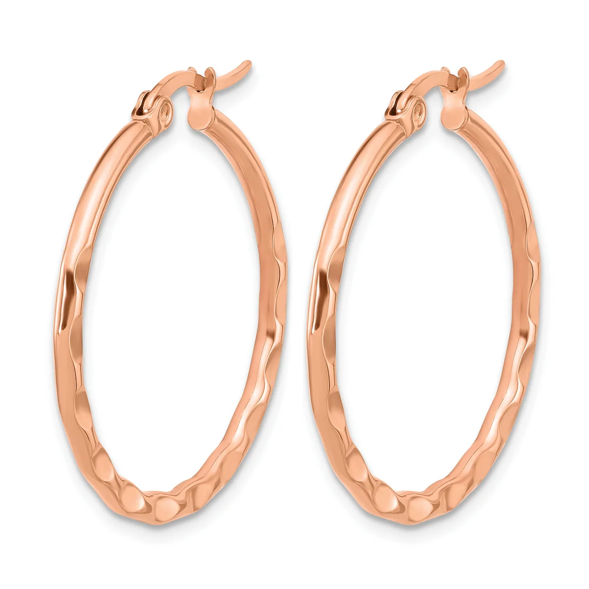A pair of rose gold hoop earrings with a textured hammered finish and hinged clasp closures, displayed against a white background.