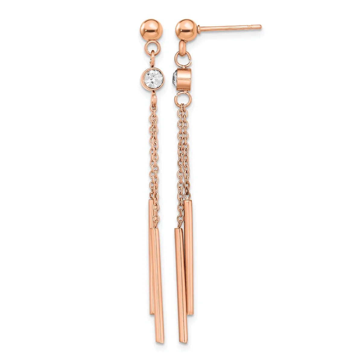 Pair of rose gold drop earrings with ball studs, delicate chains, small round crystal accents, and long tapered bar pendants.