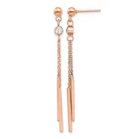Pair of rose gold drop earrings with ball studs, delicate chains, small round crystal accents, and long tapered bar pendants.