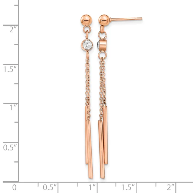 Rose gold drop earrings with ball studs, chain segments, cubic zirconia stones, and tapered tube dangles, displayed against a measurement ruler.