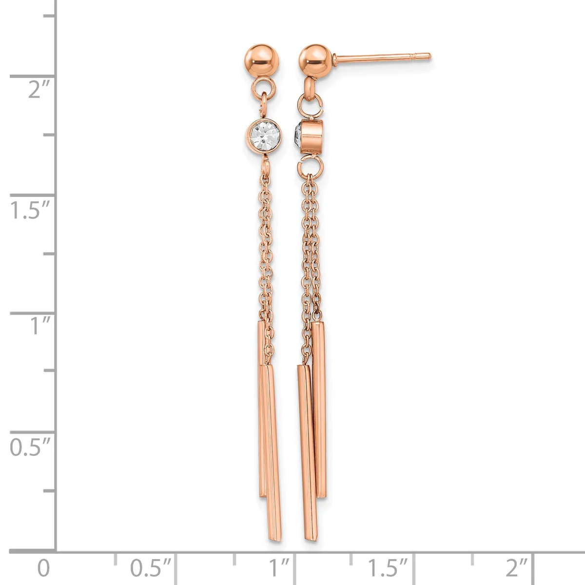 Rose gold drop earrings with ball studs, chain segments, cubic zirconia stones, and tapered tube dangles, displayed against a measurement ruler.