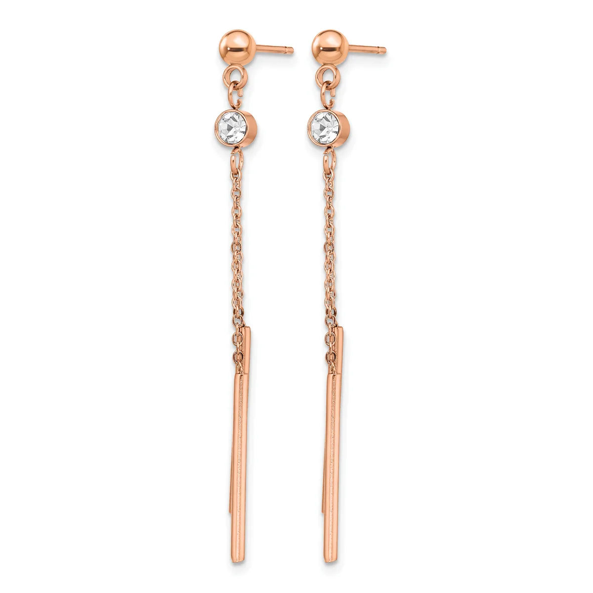 Pair of rose gold dangle earrings with small ball studs at top, delicate chain links, round cubic zirconia stones, and long polished bar pendants.