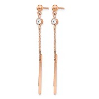 Pair of rose gold dangle earrings with small ball studs at top, delicate chain links, round cubic zirconia stones, and long polished bar pendants.