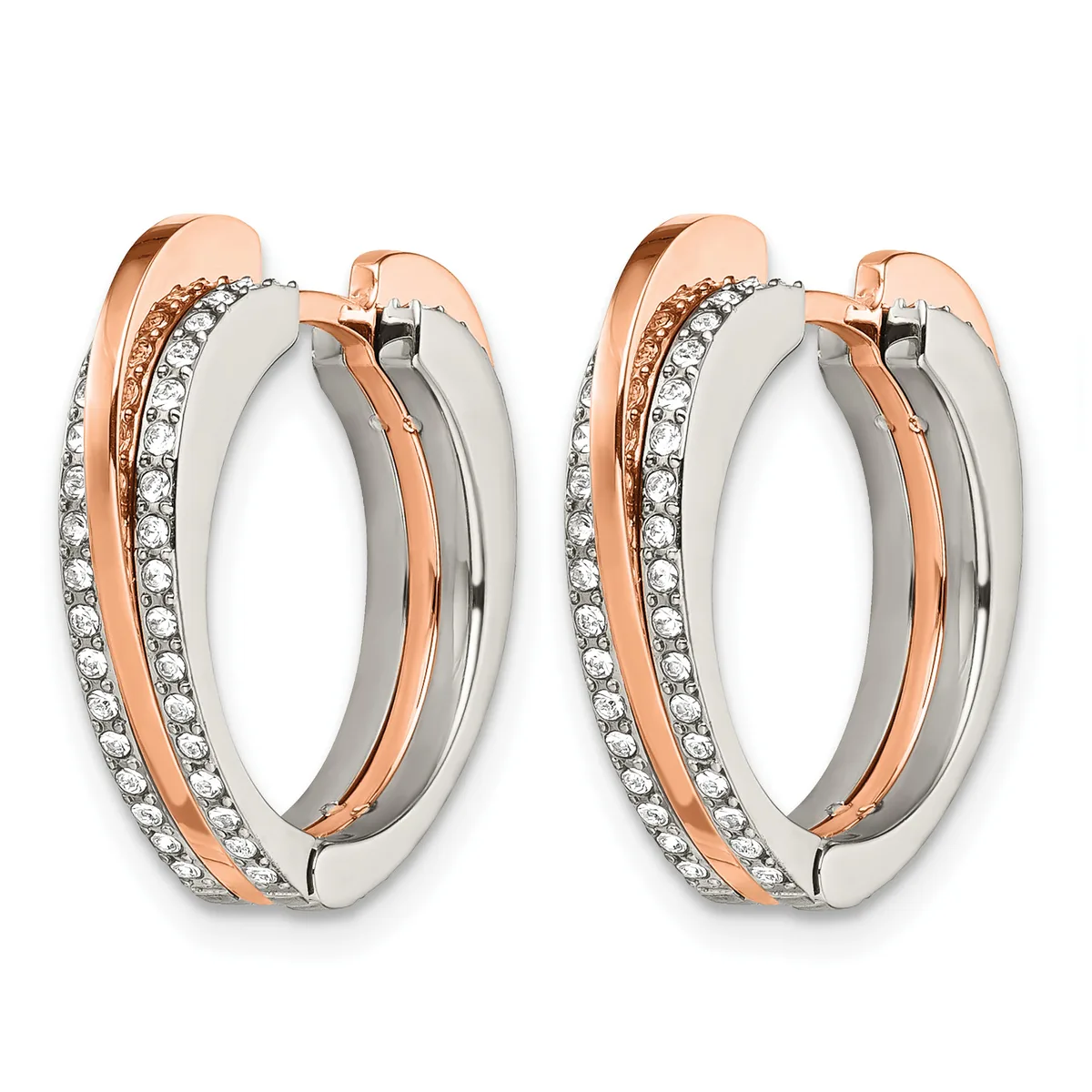 Pair of two-tone hoop earrings with white and rose gold bands accented with small round diamonds, shown from the front.