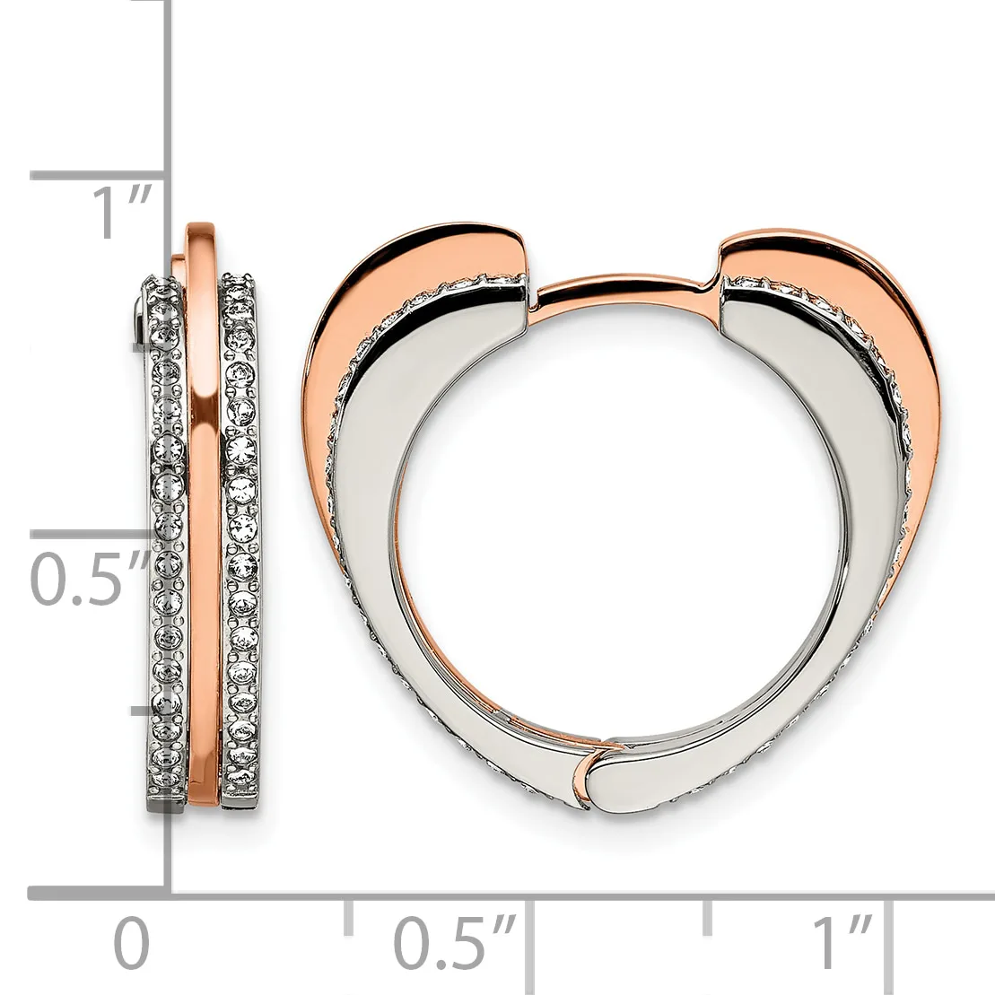 Two-tone heart-shaped hoop earrings with rose gold outer curves, white metal inner surface, and diamond pavé detailing along the sides, shown with measurement scale.