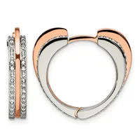 Two-tone rose gold and silver heart-shaped hoop earrings with diamond pavé accents, shown from front and side views.
