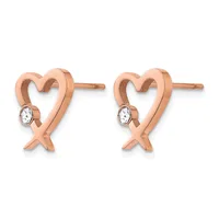Pair of rose gold heart-shaped stud earrings with small oval white gemstones, shown against a white background.