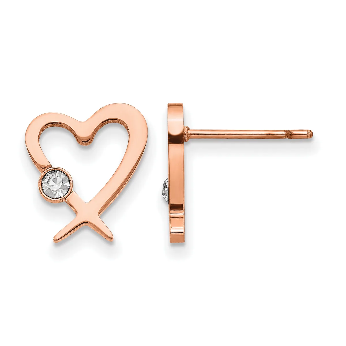 Rose gold heart-shaped stud earrings with a small round clear gemstone, shown from front and side views.