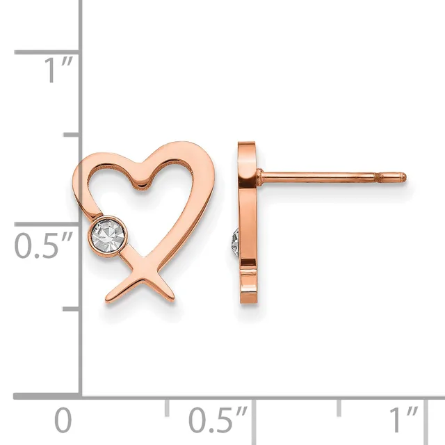 Rose gold heart stud earrings with a small round diamond accent, shown from front and side views with a measurement scale indicating approximately half-inch height.