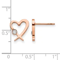 Rose gold heart stud earrings with a small round diamond accent, shown from front and side views with a measurement scale indicating approximately half-inch height.