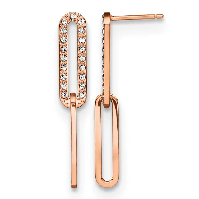Rose gold drop earrings with elongated oval tops paved with crystals, suspended from posts with matching rose gold oval dangles below.