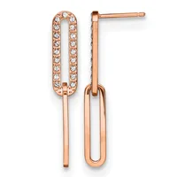 Rose gold drop earrings with elongated oval tops paved with crystals, suspended from posts with matching rose gold oval dangles below.