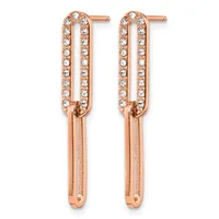 Pair of rose gold-plated drop earrings with crystal-studded rectangular loops and plain polished bar stems.