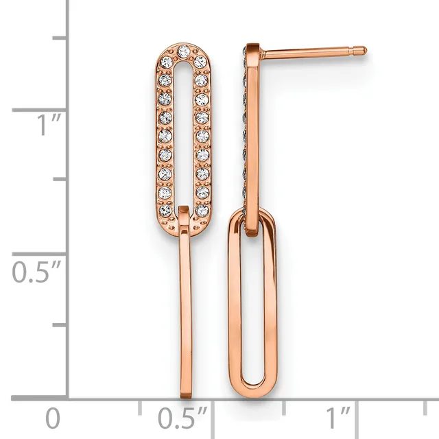 Rose gold drop earrings with crystal-studded oval tops and polished elongated oval bottoms, shown against a measurement scale.