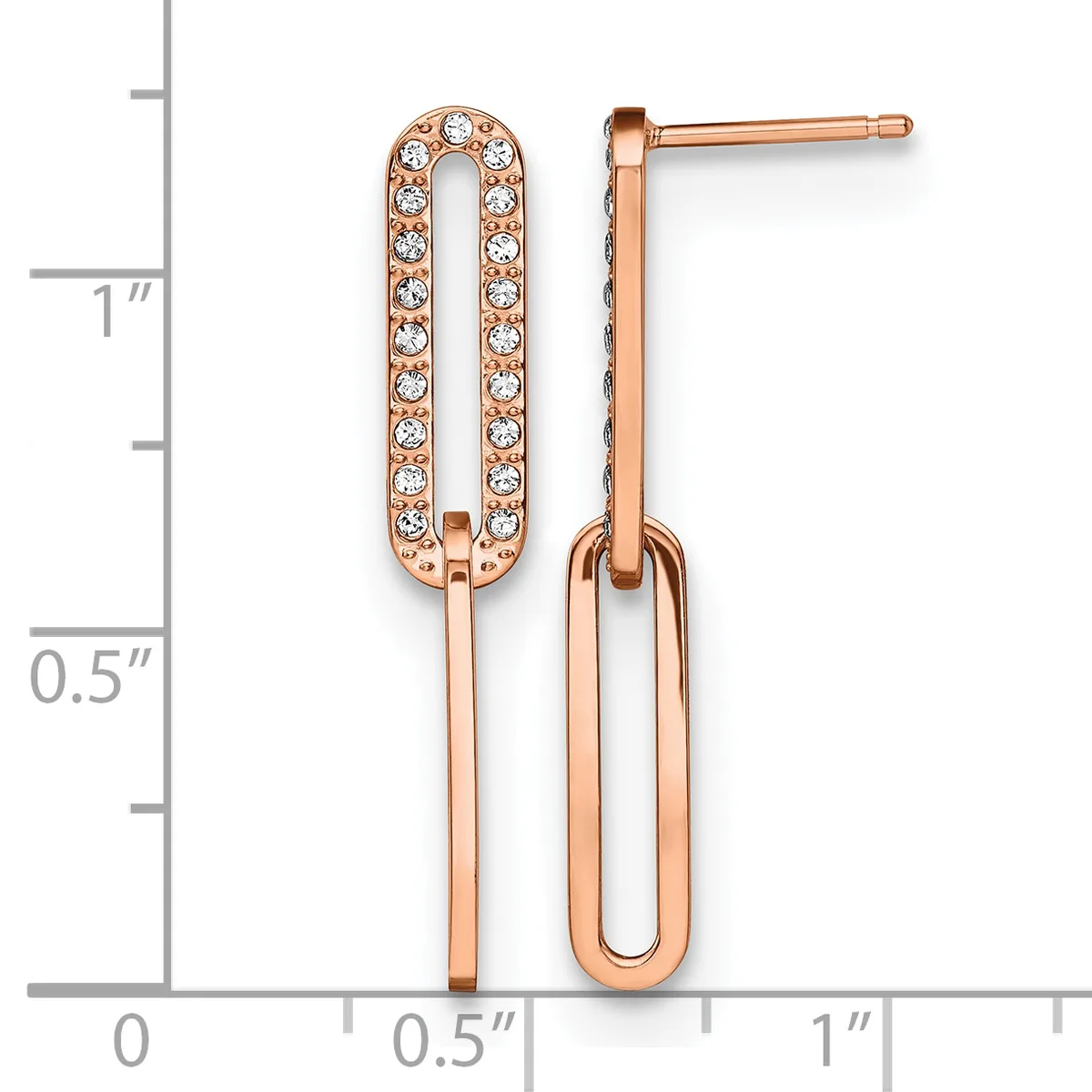 Rose gold drop earrings with crystal-studded oval tops and polished elongated oval bottoms, shown against a measurement scale.