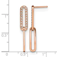 Rose gold drop earrings with crystal-studded oval tops and polished elongated oval bottoms, shown against a measurement scale.