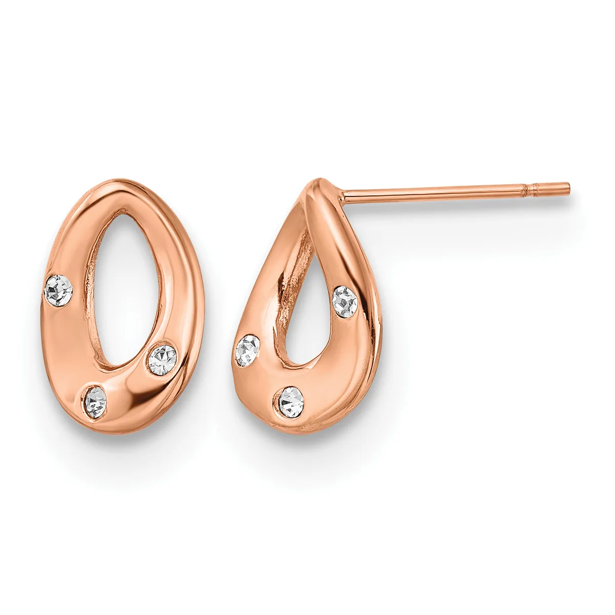 A pair of rose gold teardrop-shaped stud earrings with oval open centers, decorated with small round white crystals, shown from front and side views.