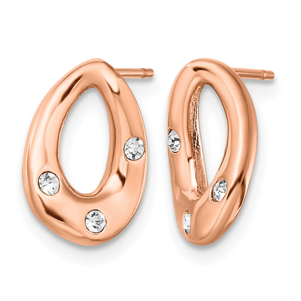 A pair of rose gold oval hoop earrings with polished finish and round white crystal stones set around the outer edges, shown from front and back views.