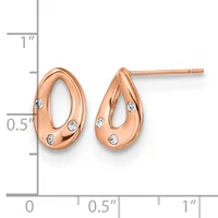 Rose gold teardrop stud earrings with diamond accents, displayed next to a ruler showing approximately half-inch height.