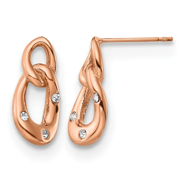 A pair of rose gold drop earrings with intertwined loop designs and small round diamond accents, shown front and back views on post and clutch backs.