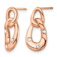 Pair of rose gold twisted loop earrings with white crystal accents and stud posts, shown from front and back views.