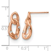 Rose gold plated link-style drop earrings with cubic zirconia accents, shown against a measurement scale.