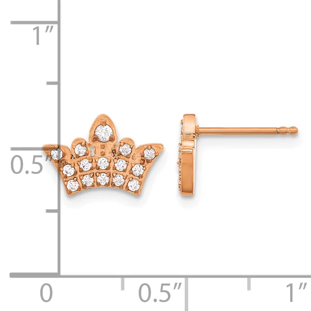 Rose gold crown-shaped stud earrings set with round cubic zirconia stones, shown front and side view against a measurement scale.