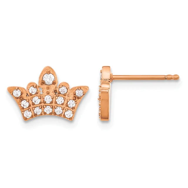Rose gold crown-shaped stud earrings set with round white diamonds, shown from front and side views.