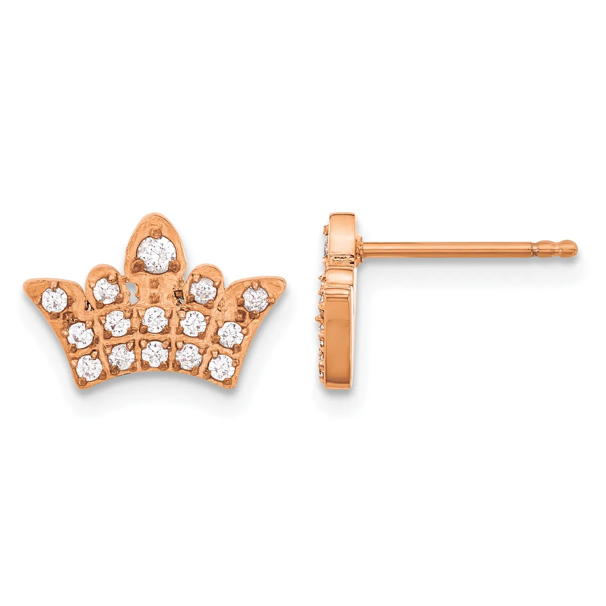 Rose gold crown-shaped stud earrings set with round white diamonds, shown from front and side views.