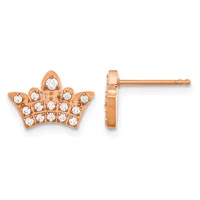 Rose gold crown-shaped stud earrings set with round white diamonds, shown from front and side views.