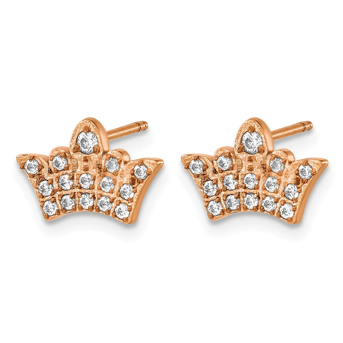 Pair of rose gold crown-shaped stud earrings with round diamond accents throughout, shown from the front.