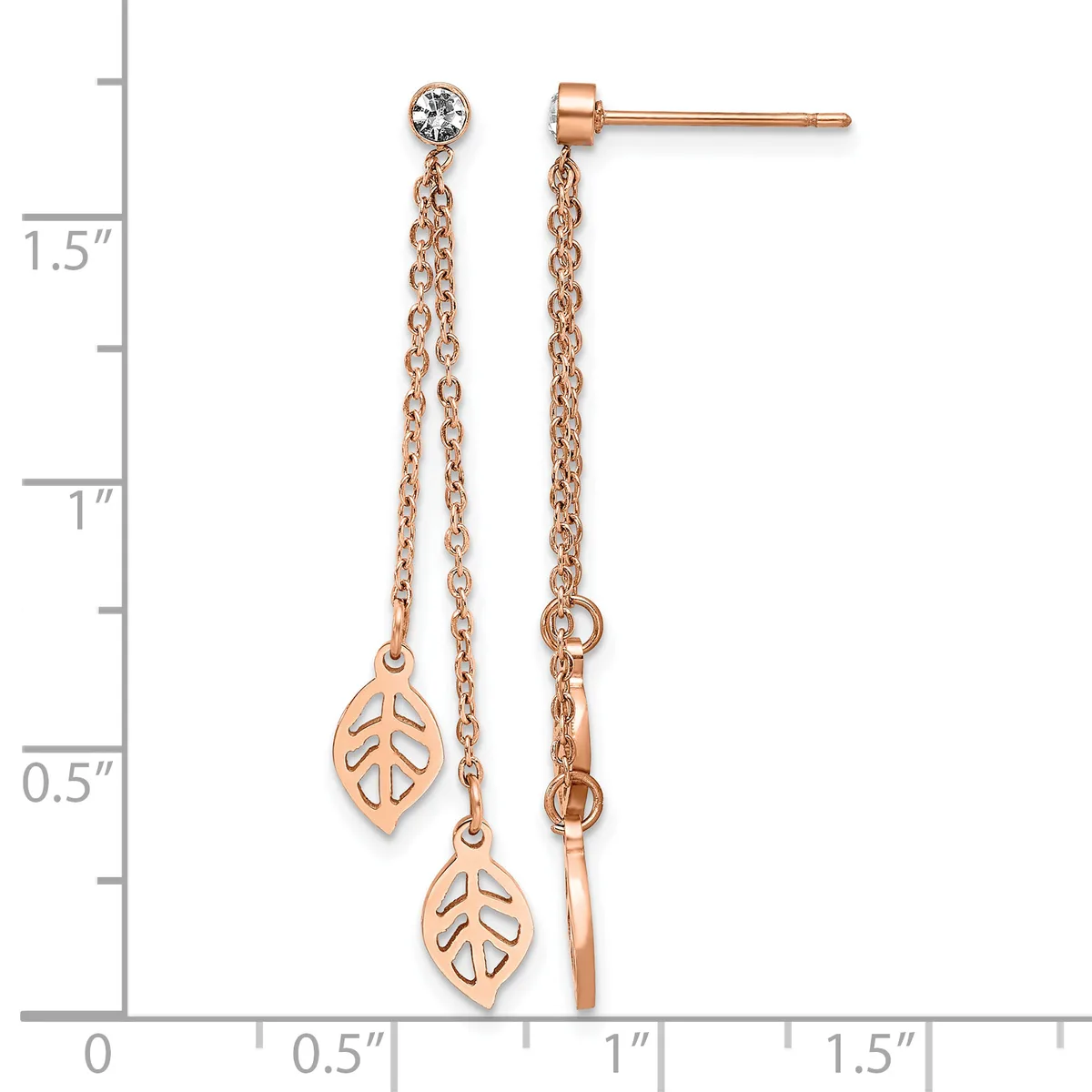 Rose gold dangle earrings with small round cubic zirconia studs at top and leaf-shaped charms hanging from delicate chains, shown against a measurement scale.