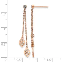 Rose gold dangle earrings with small round cubic zirconia studs at top and leaf-shaped charms hanging from delicate chains, shown against a measurement scale.