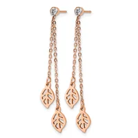 Pair of rose gold drop earrings with stud tops set with round crystals, featuring double chain strands with leaf-shaped cutout pendants.