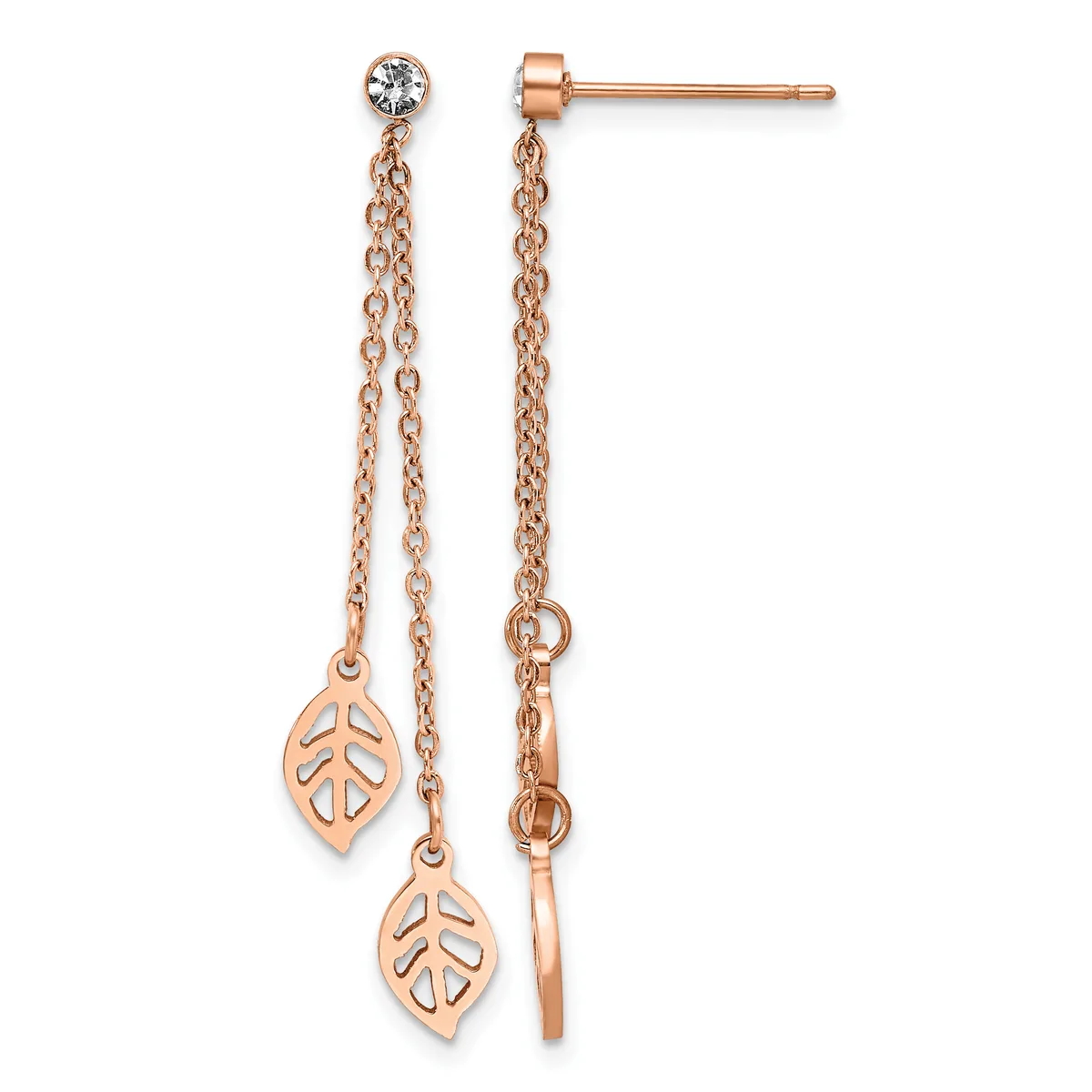 Rose gold dangle earrings with stud tops featuring small round crystals, delicate chain drops, and leaf-shaped charms with cutout details.