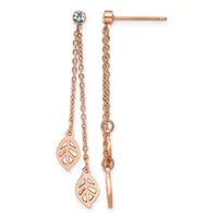 Rose gold dangle earrings with stud tops featuring small round crystals, delicate chain drops, and leaf-shaped charms with cutout details.