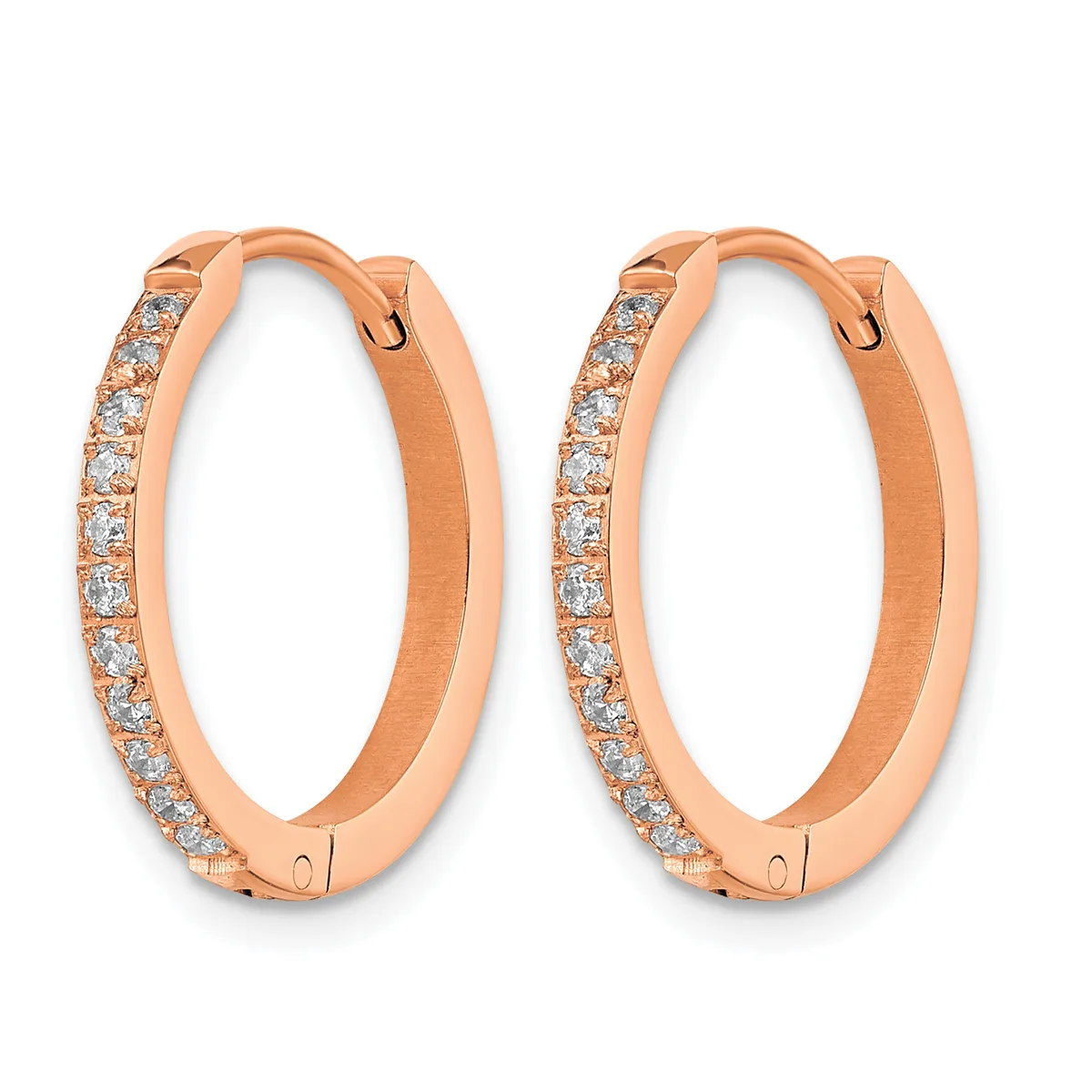 A pair of rose gold hoop earrings with diamond accents along the outer edge, shown against a white background.