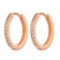 A pair of rose gold hoop earrings with diamond accents along the outer edge, shown against a white background.