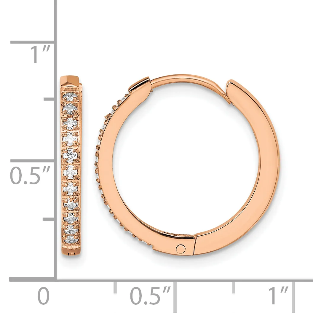 Rose gold hoop earrings with round diamond accents, shown next to a measurement scale indicating approximately one inch in length.