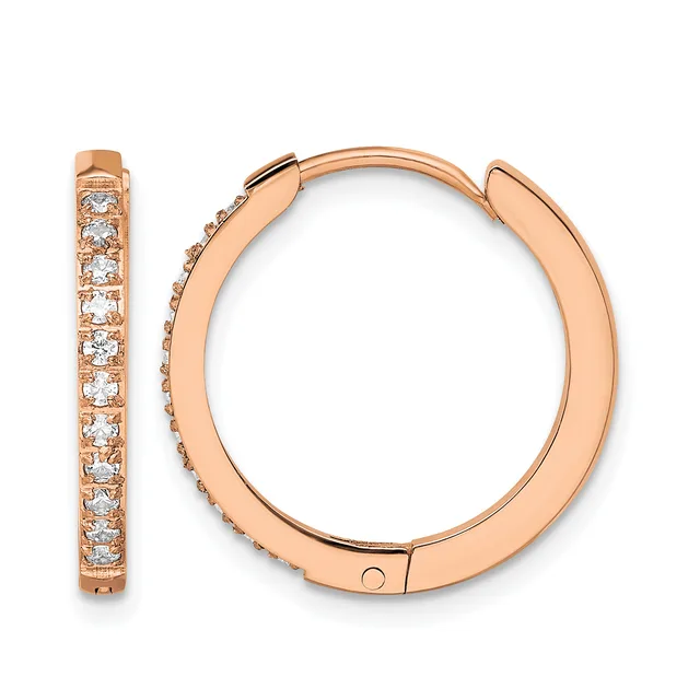 A pair of rose gold hoop earrings with round diamond accents set along the outer surface, shown from the front view.