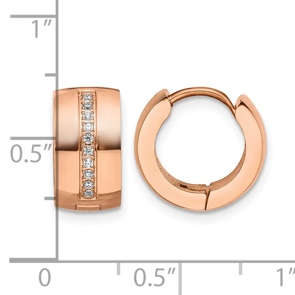 Rose gold-plated hoop earrings with a polished finish and a vertical channel of round diamonds, shown front and side view with measurement scale.