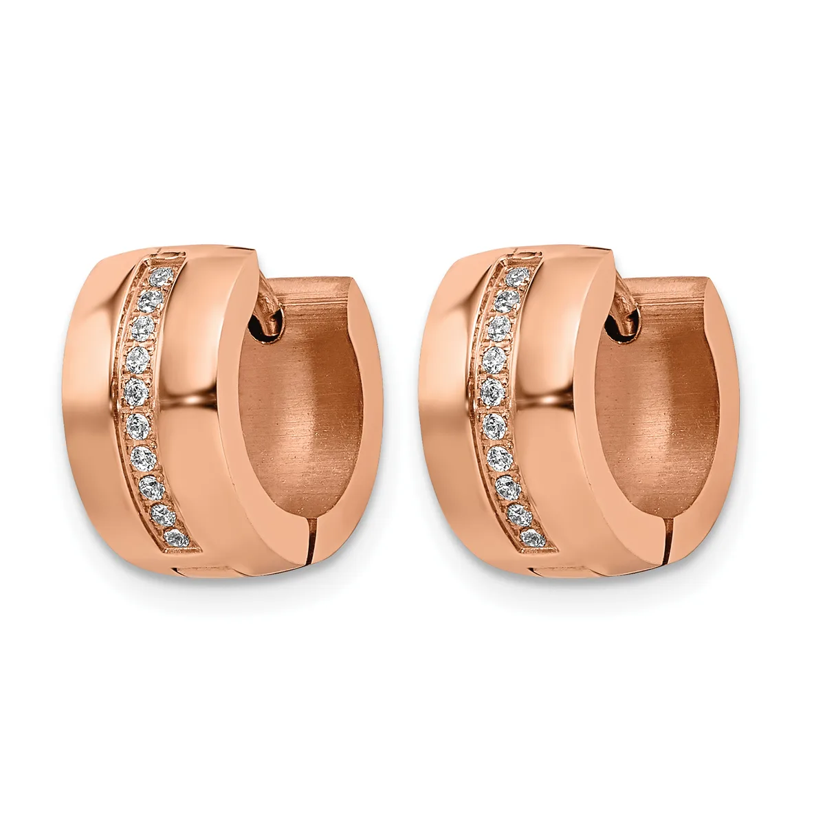 A pair of rose gold hoop earrings with a brushed finish and a vertical channel of round diamonds set along the front surface.