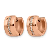 A pair of rose gold hoop earrings with a brushed finish and a vertical channel of round diamonds set along the front surface.