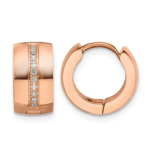 A pair of rose gold hoop earrings with a polished finish and a vertical channel of small diamonds down the center, shown from front and back views.